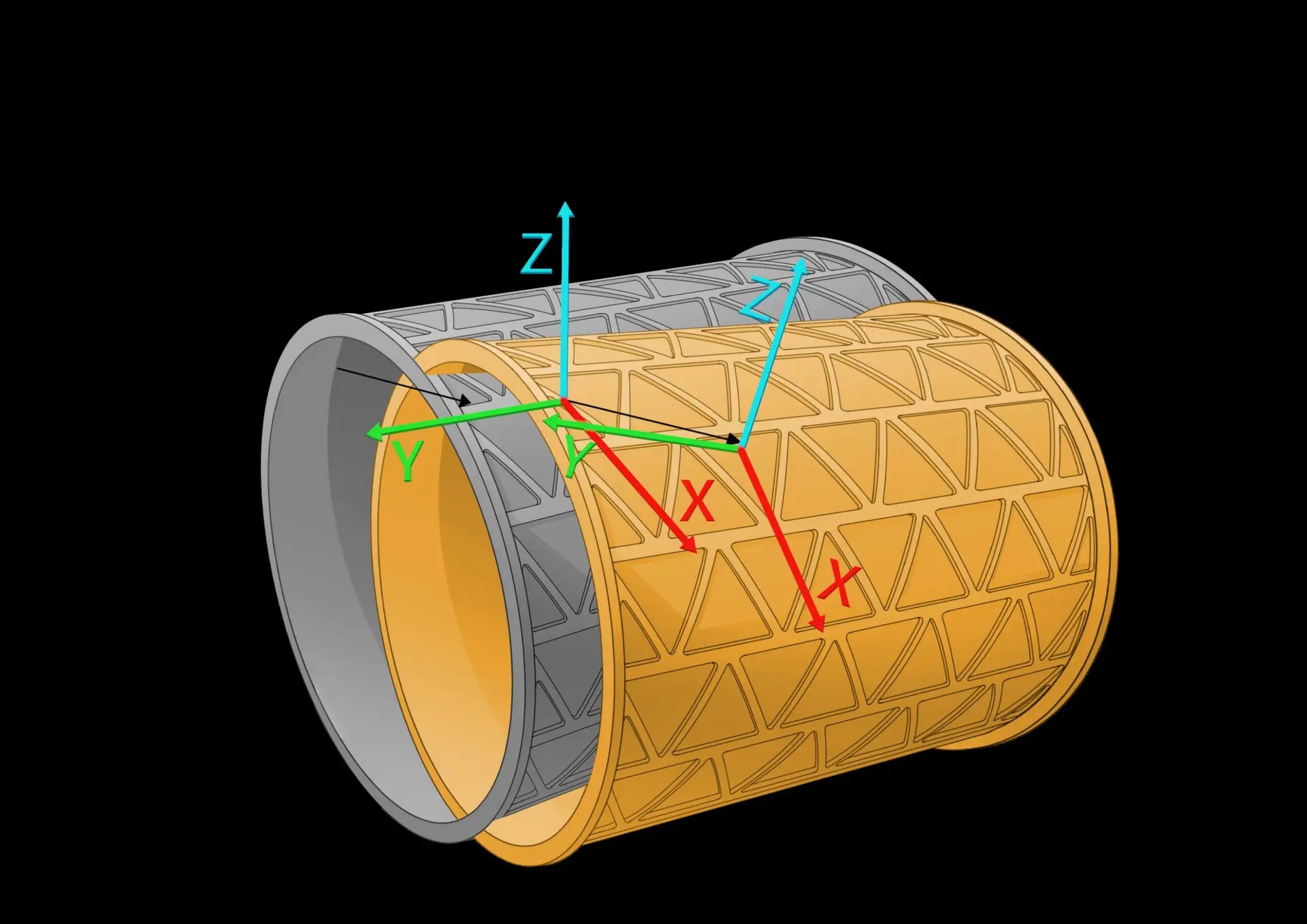 NCTransform 6-DOF part alignment illustration showing nominal (gray) and measured (orange) part with X, Y, Z axis vectors indicating the alignment transformation